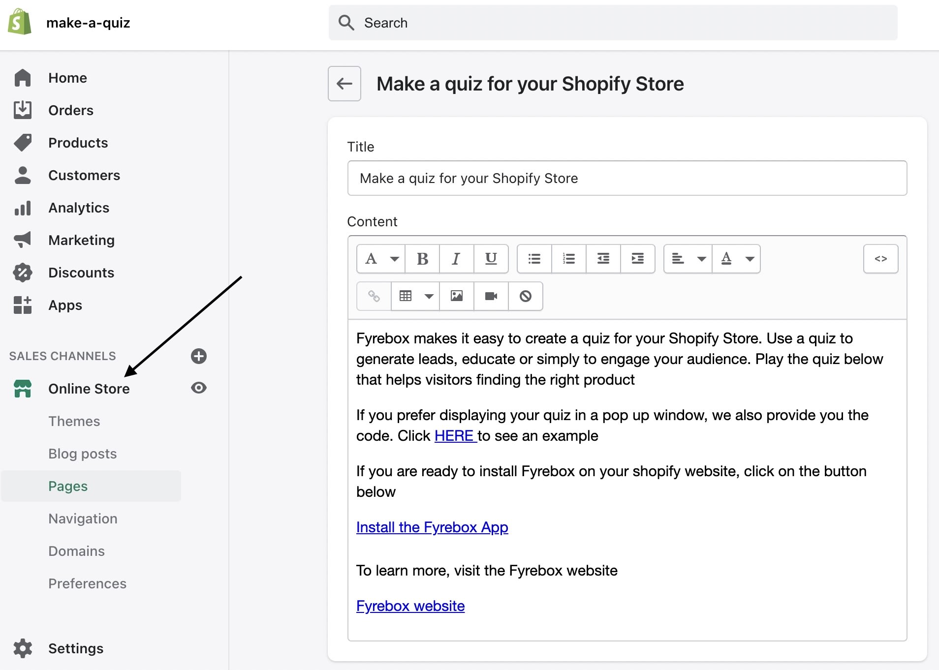 Langkah 1. Goleki kaca toko online ing bagean admin ing toko shopify