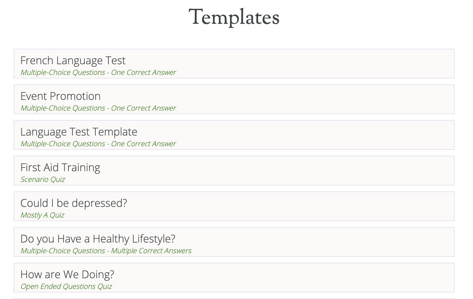 Create a quiz - Templates