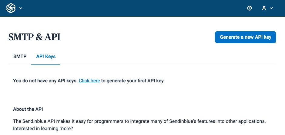 SendInBlue API-Schlüsselmenü generieren