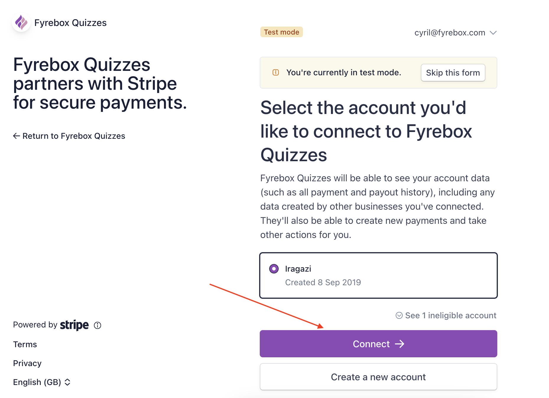 อนุญาตให้ Fyrebox ใช้บัญชี Stripe ของคุณ